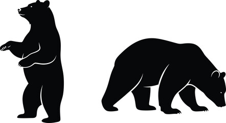 Bear silhouette duo, wildlife posture illustration, black animal icon, standing and sniffing pose, nature behavior concept, forest species profile