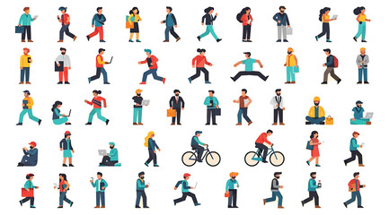 Grid of illustrated figures showing diverse people walking, running, biking, and interacting with devices and others, representing everyday urban life and human behavior in colorful stylized scenes