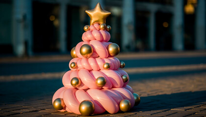 Balloon sculpture shaped like a Christmas tree in soft pink and gold tones. Modern festive aesthetic, glossy surfaces, gentle highlights, perfect for holiday décor, creative ads and winter celebration