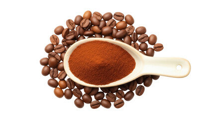 Isolated ground coffee with coffee beans in a spoon for a coffee shop menu or recipe design