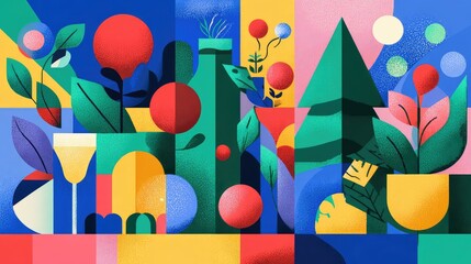 Vibrant Abstract Composition Featuring Colorful Shapes, Geometric Patterns, and Floral Elements in a Captivating Modern Art Style for Creative Projects