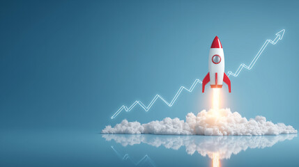 Red rocket taking off with smoke and energy