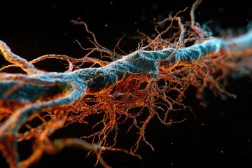 Close-up view of a stringy, intertwined form with textured outer layer, glowing strands, & a dark backdrop