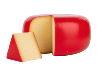 Isolated Edam cheese wheel with a triangular piece cut out in front on a plain surface