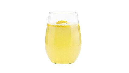 Isolated glass of chilled lemonade with lemon slice garnish on a light surface, refreshing
