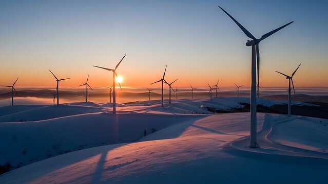Breathtaking sunrise illuminates a sprawling wind farm across a snow-covered winter landscape, highlighting the power of renewable energy and sustainable innovation