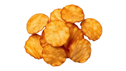 Isolated potato chips snack, salted golden yellow crisps, savory fried food, crunchy stack