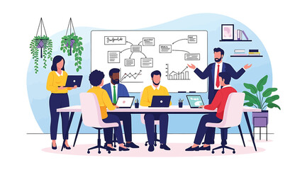 Illustration of six professionals in modern office setting with presenter at whiteboard and team seated at table with laptops, symbolizing teamwork, planning, and communication in a collaborative work