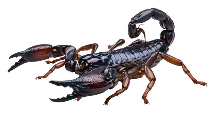 Isolated emperor scorpion walking with sting tail, with threatening pincers, ready to attack