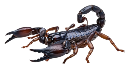 Isolated emperor scorpion walking with sting tail, with threatening pincers, ready to attack