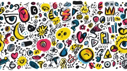 Colorful Abstract Doodle Pattern with Various Shapes, Icons, and Playful Elements Representative of Creativity and Artistic Expression