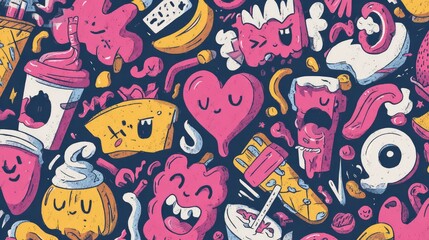 Vibrant Abstract Food Patterns with Playful Characters Featuring Desserts, Snacks, and Fruits in Bright Colors for Fun and Energetic Artistic Designs