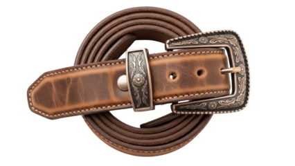 Isolated brown leather western belt with decorative metal buckle and keeper, rolled into a circle