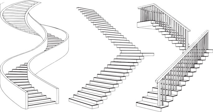 Three black line drawing styles of stairs on white background staircase spiral staircase