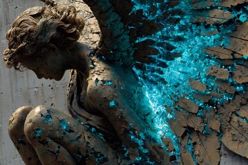 Obraz premium Blue Glowing Cracks Angel Statue Wing Broken Sculpture Magic Fantasy Stone Marble Ruin Corruption Energy Soul Spirit Ancient History Mythology Art Aesthetic Wallpaper Concept 