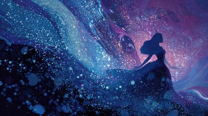 Fototapeta premium Enigmatic Silhouette of a Woman in a Dreamlike Universe with Vibrant Colors and Effervescent Bubbles Creating a Surreal and Enchanting Atmosphere for Fantasy Artwork