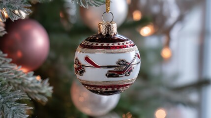 Decorative Christmas ornament featuring a hockey theme, showcasing colorful designs and intricate details, perfect for sports enthusiasts celebrating the festive season.