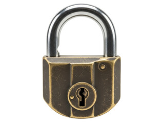 Isolated padlock with a metallic shackle, classic brass lock for safety and security