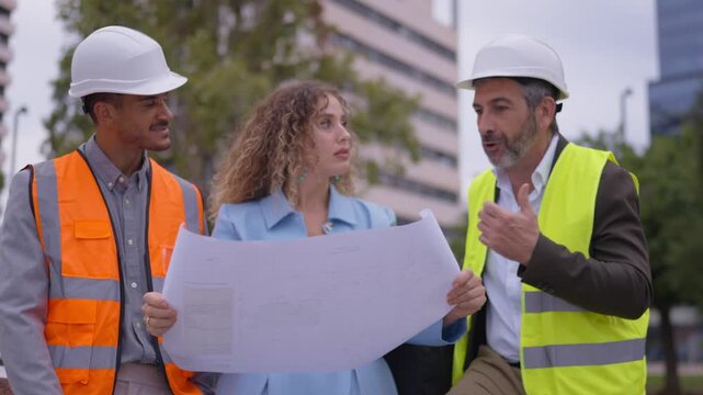 Team of architects and engineers discussing a blueprint on a construction site