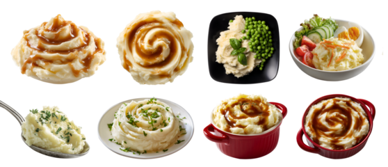 Set of mashed potato creamy fluffy mash potatoes, with gravy pea vegetable toppings salad, bowl spoon, on transparent cutout PNG. Many different style. Mockup for design	
