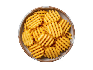 Isolated bowl filled with delicious and fresh-looking crispy golden waffle fries, snack food