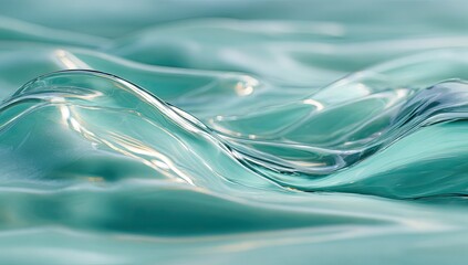 Close-up of abstract, flowing, glassy teal surface with waves and highlights