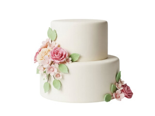Isolated wedding cake decorated with flowers, two-tiered cake, fondant, sugar flowers, delicate