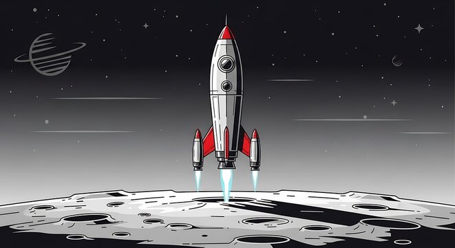 Retro Rocket on the Moon - A Nostalgic Space Exploration Illustration.