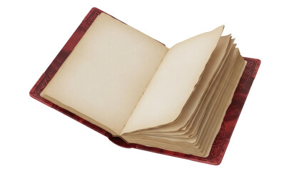 Isolated open book with weathered pages and maroon leather cover, ornate antique spellbook