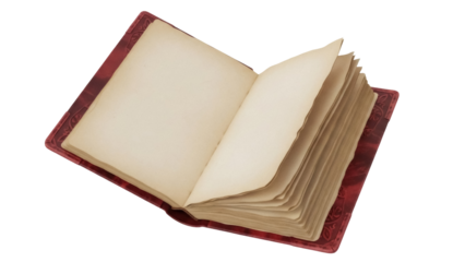 Isolated open book with weathered pages and maroon leather cover, ornate antique spellbook