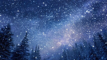 Enchanting Night Sky with Snowflakes Falling Over a Winter Forest Scene, Capturing the Magic of a Starry Night and Whispering Snowy Landscape