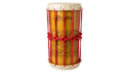 Isolated Indonesian Kendang drum with red strings, skin drumhead, ethnic rhythm instrument