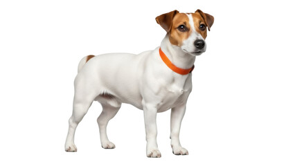 Isolated purebred Jack Russell Terrier dog with orange collar standing looking attentive