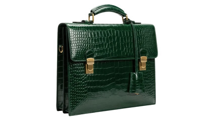 Isolated green leather briefcase with crocodile pattern and golden closures and handle detail