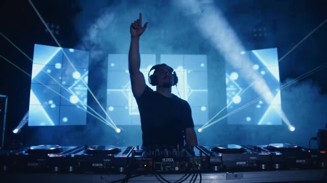 DJ mixing music at festival - Show, concert, party and disco night concept - Model by AI generative