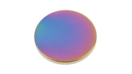 Isolated iridescent round object with reflective surface and golden trim, smooth texture