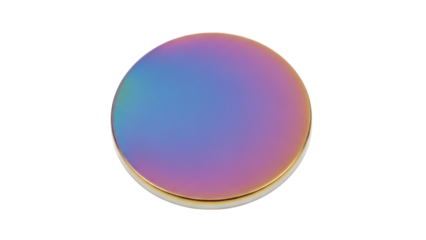Isolated iridescent round object with reflective surface and golden trim, smooth texture