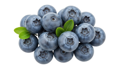Isolated pile of fresh blueberries with green leaves, healthy food, summer fruit, vitamins