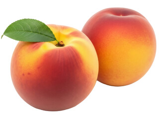 Isolated Fresh Peaches, One with a Leaf, Healthy Fruit Dessert, Summer Harvest or Farm Produce