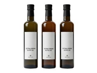 Isolated set of three bottles of gourmet extra virgin olive oil for cooking and healthy eating