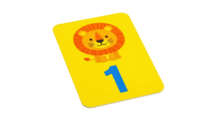 Isolated yellow flashcard with the blue number one and a lion image used for education