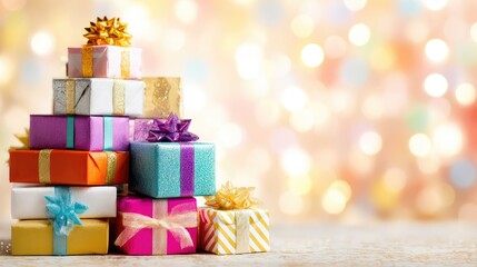 Colorful and Decorative Gift Boxes Stacked Against a Bright Blurred Background Perfect for Celebrations, Holidays, Birthdays, and Special Occasions Showcasing Various Patterns and Ribbons
