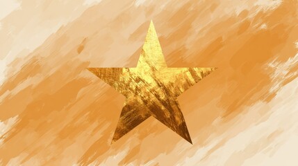 Golden Star with Textured Finish on Warm Orange Brush Stroke Background Ideal for Celebratory Themes, Awards, and Artistic Designs