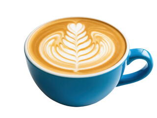 Isolated cup of cappuccino with latte art, coffee design in blue cup on a table top view