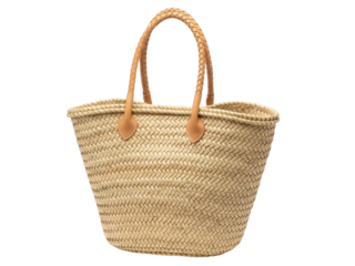 Isolated straw tote bag with leather handles on a neutral background for summer fashion