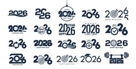 Happy New Year 2026 typography set, modern monochrome logo collection with decorative elements, celebration and holiday emblem designs for greeting cards, posters, branding and seasonal graphic.