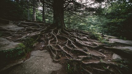 Beautiful and Intricate Tree Roots Emerging from the Ground in a Dense Forest, Showcasing Nature's Resilience and Connection to the Earth