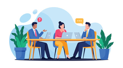 Illustration of three professionals seated at table with laptops, engaged in thoughtful discussion with speech bubbles, symbolizing teamwork, communication, and collaboration in a modern workspace