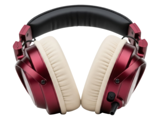 Isolated burgundy-and-black over-ear headphones angled to the front with beige earcups, audio bliss