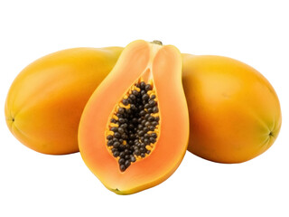 Isolated ripe papaya fruit cut open, showing seeds, alongside two whole papayas, ready to eat